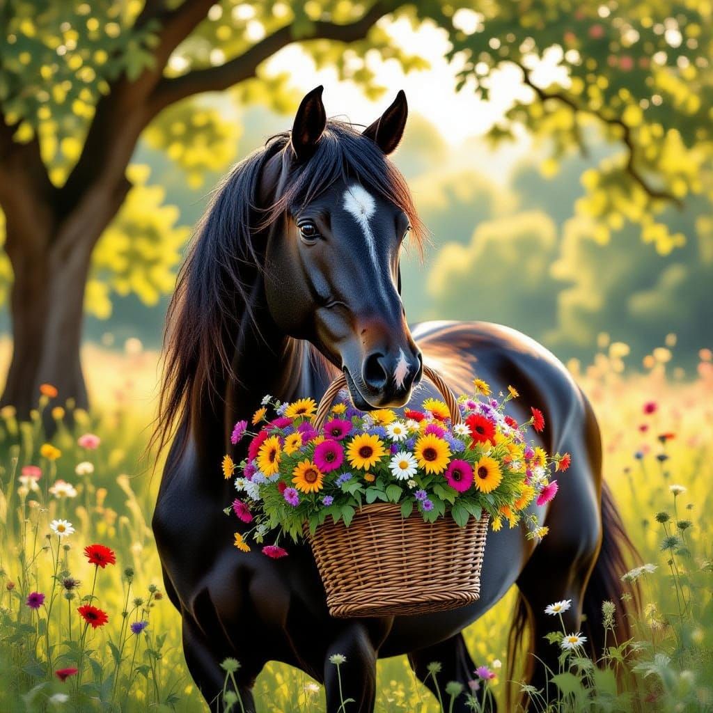 Majestic Black Friesian Horse with Flower Basket