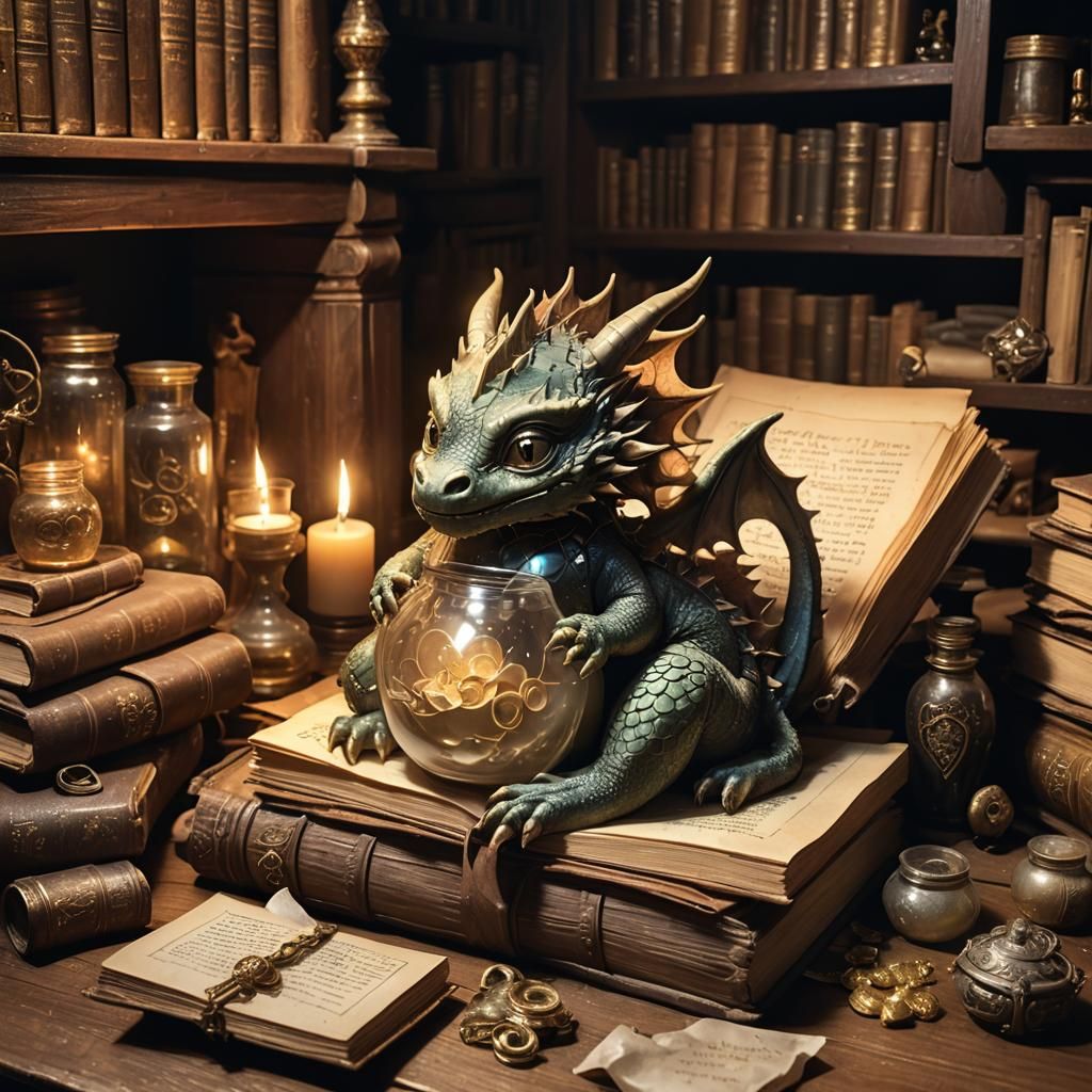 Sleeping Baby Dragon in Jar, Fantasy Concept Art