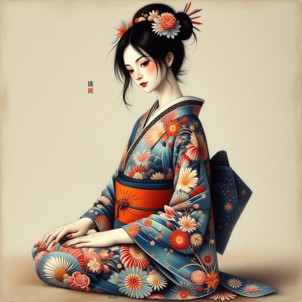 Colorful Japanese Woman in Yukata with Embroidery
