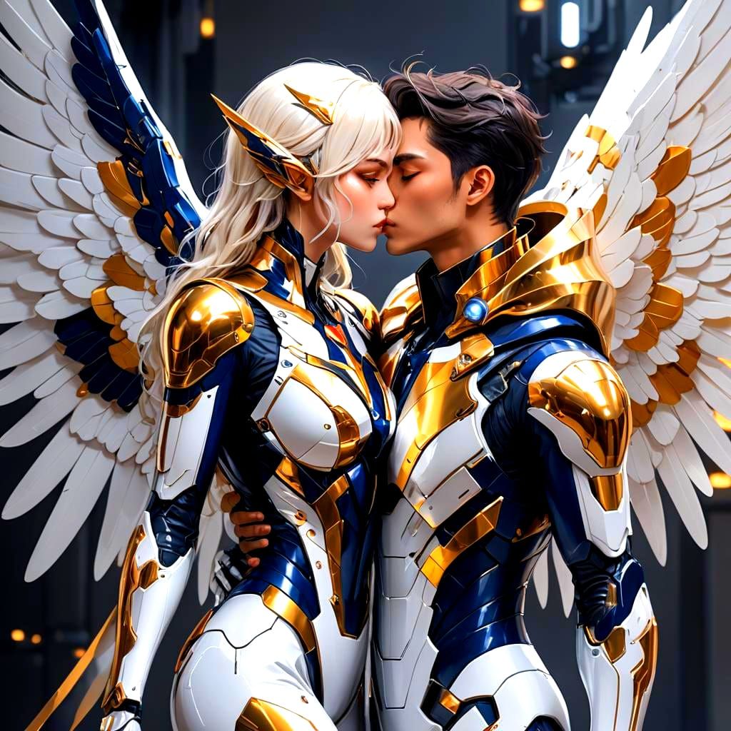 Cybernetic Superheroes Embrace in Anime Style