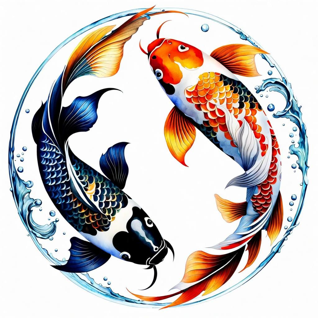 Koi Fish Yin Yang in Watercolor