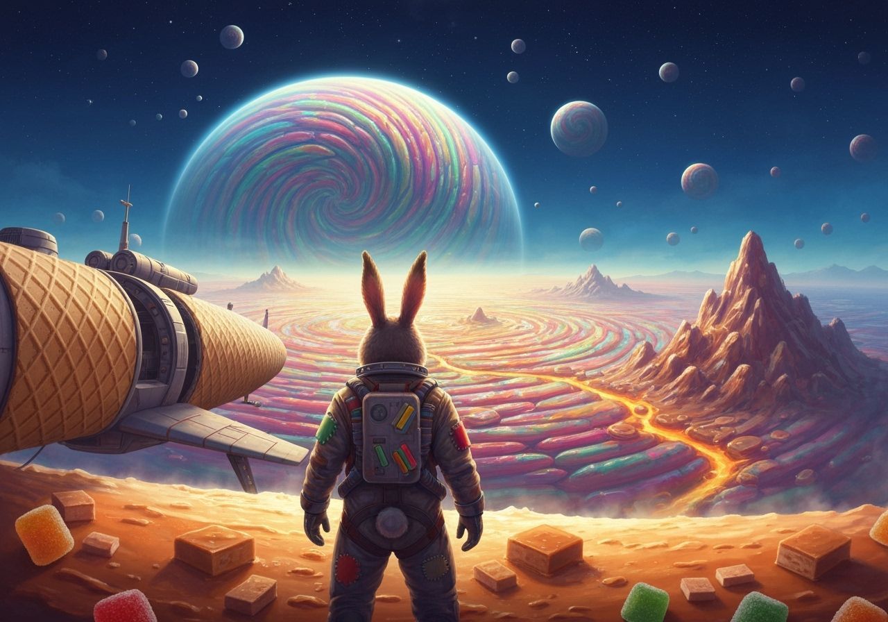 Rabbit Astronaut on Candy Planet in Epic Space Opera Style