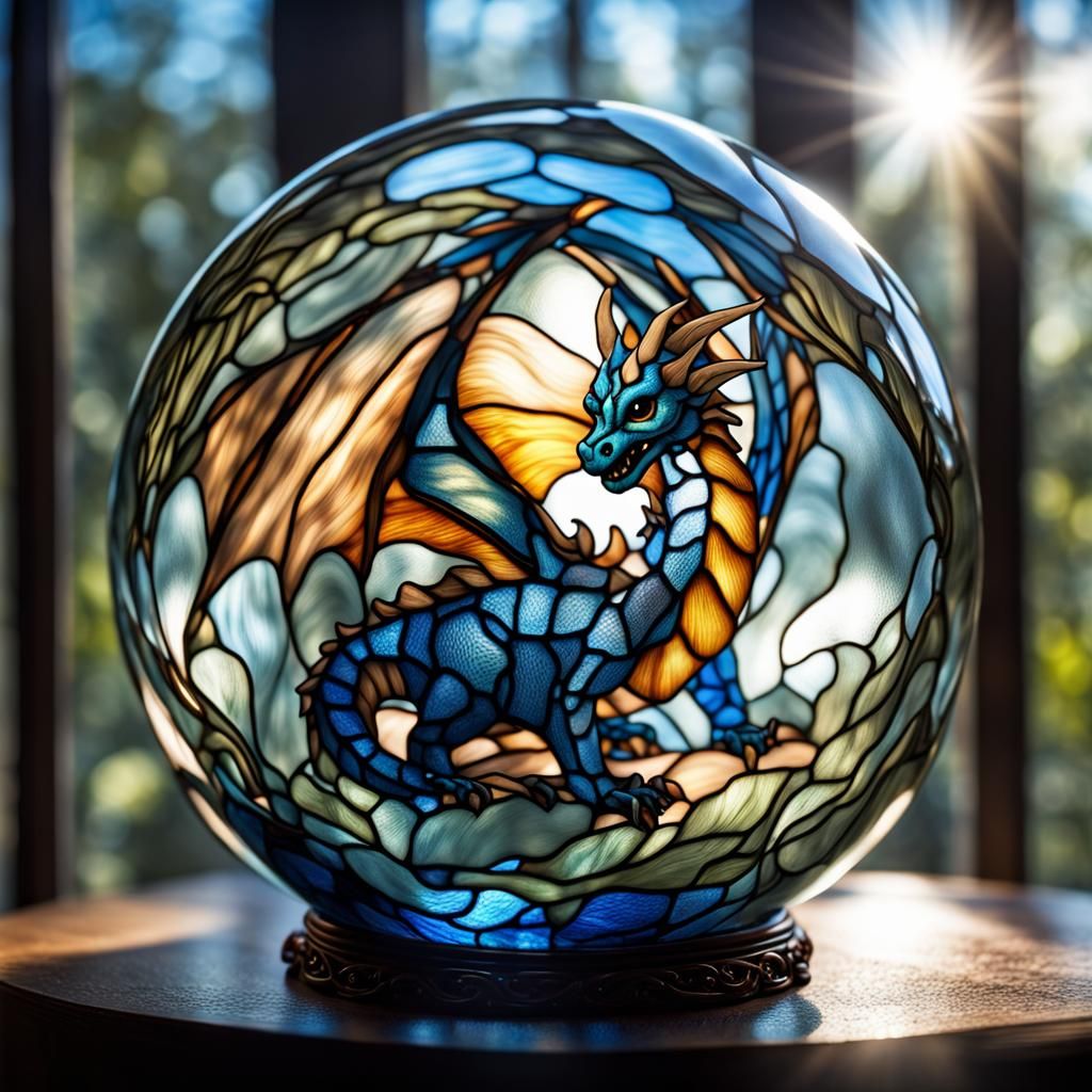 Stained Glass Dragon in Bubble, Hyperrealistic Style