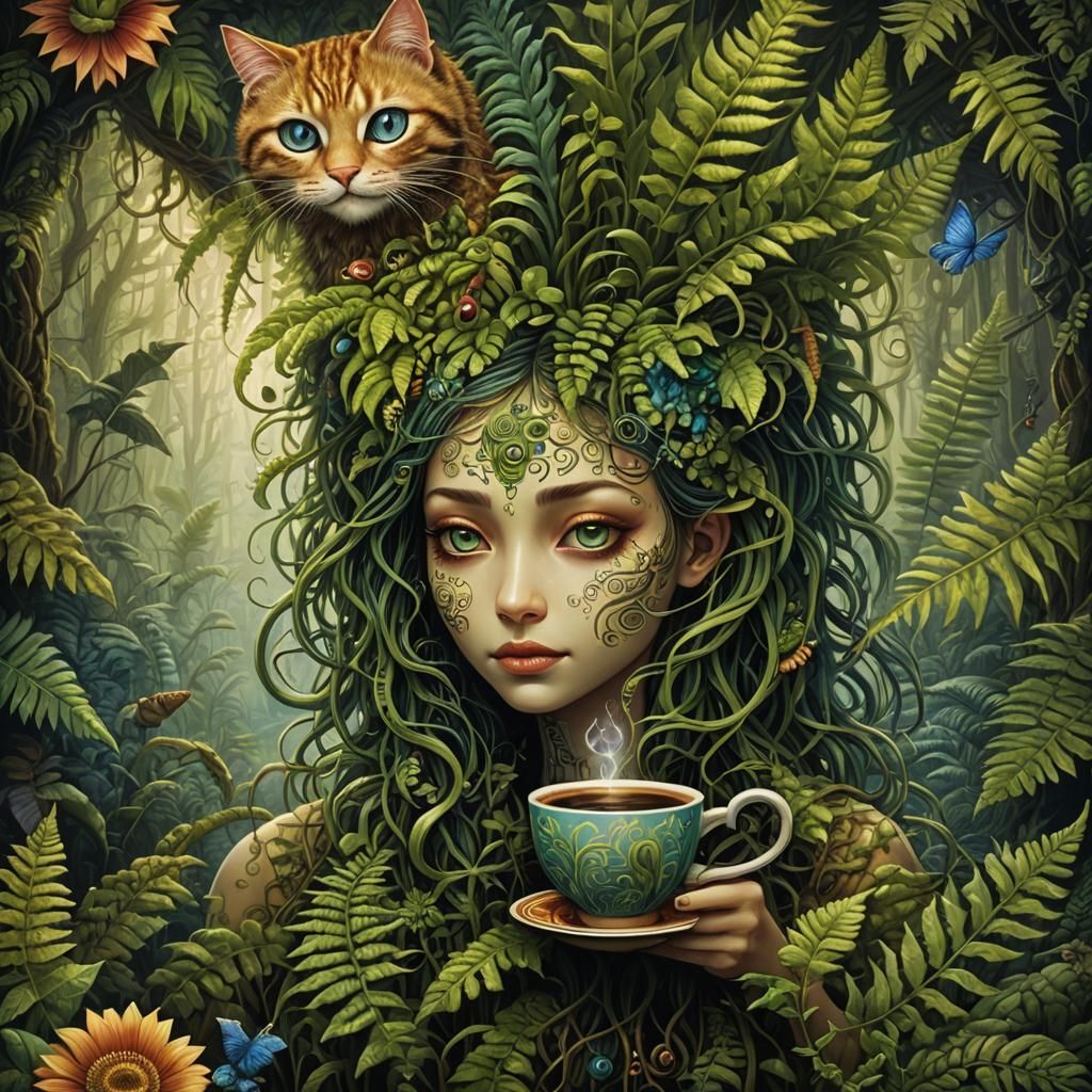 Biomechanical Forest: Cats, Coffee, and Mystical Flora