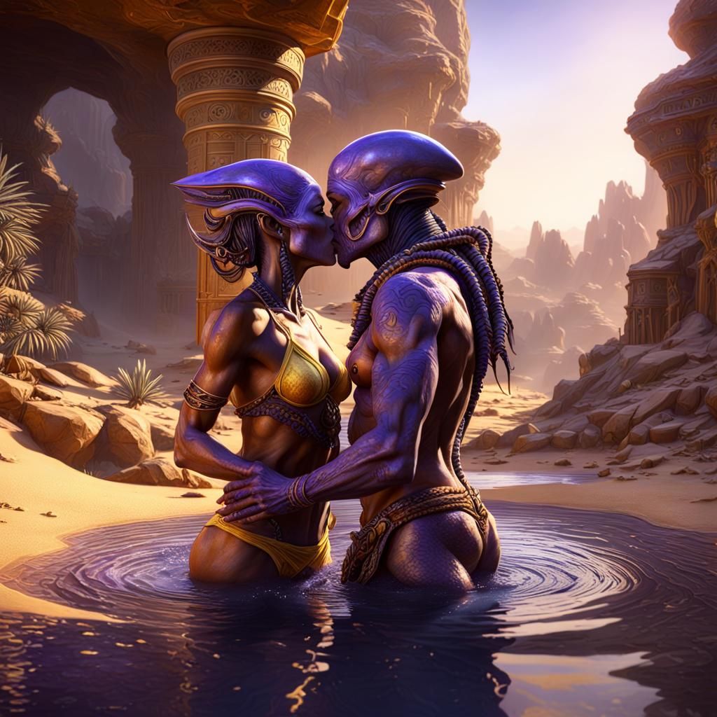 Alien Couple's Oasis Encounter: Dark Fantasy Art