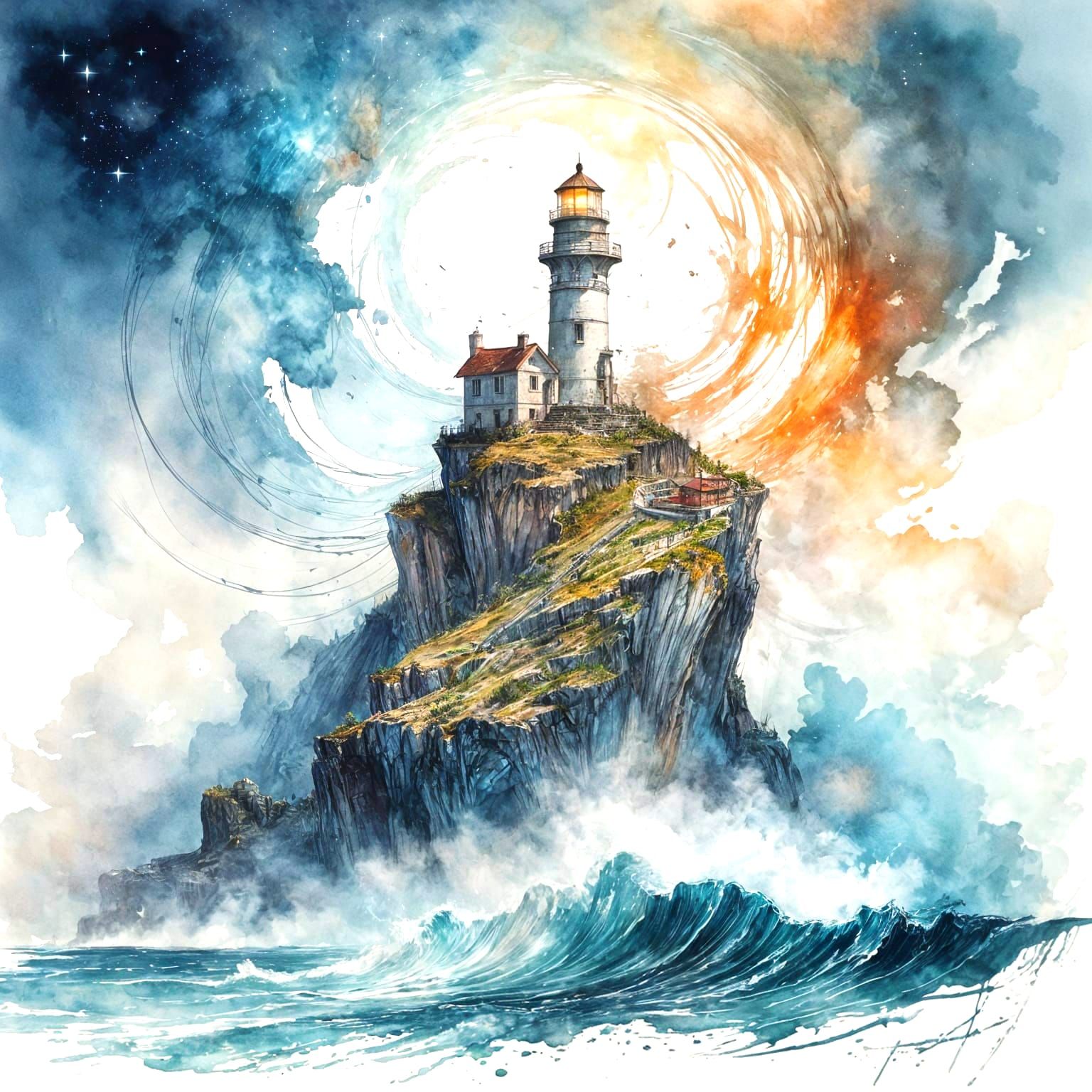 Weathered Lighthouse on Floating Island in Nebula Sky