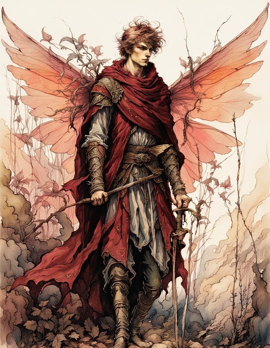 Medieval Fairy King with Wings in Arthur Rackham Style