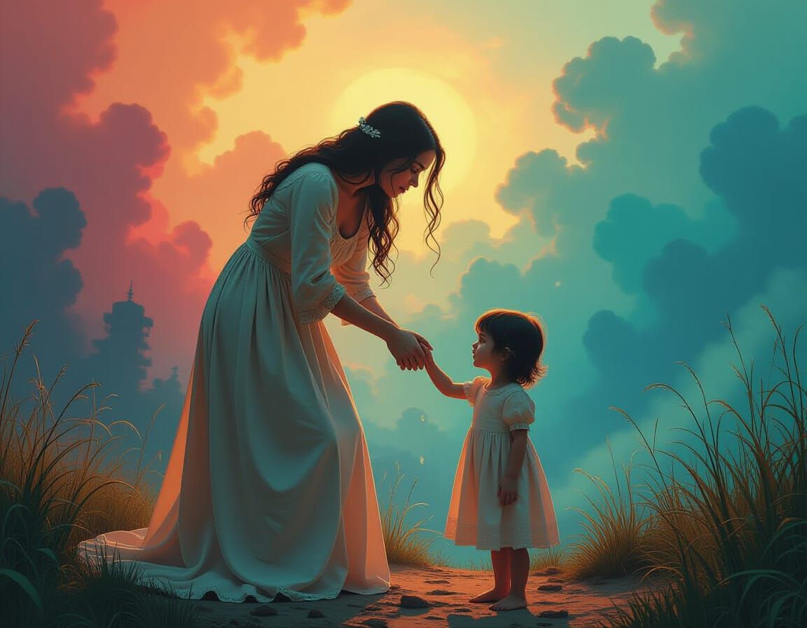 Distraught Mother and Child in Fantasy Landscape