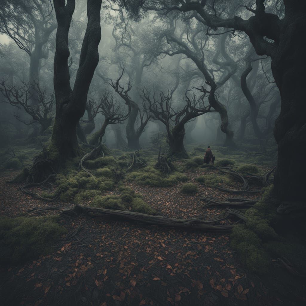 Eerie Overgrown Garden with Twisted Trees in Hyperrealism