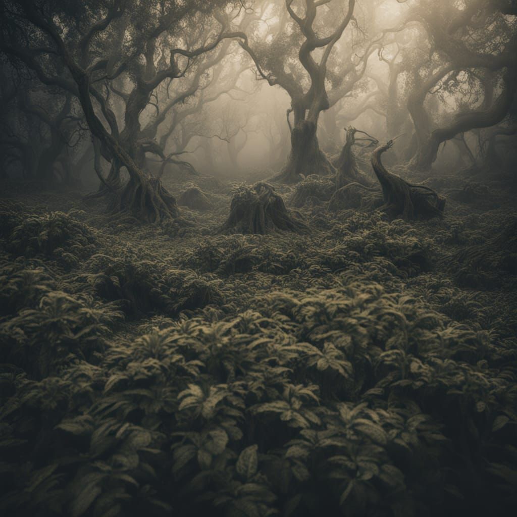 Eerie Overgrown Garden with Twisted Trees in Hyperrealism