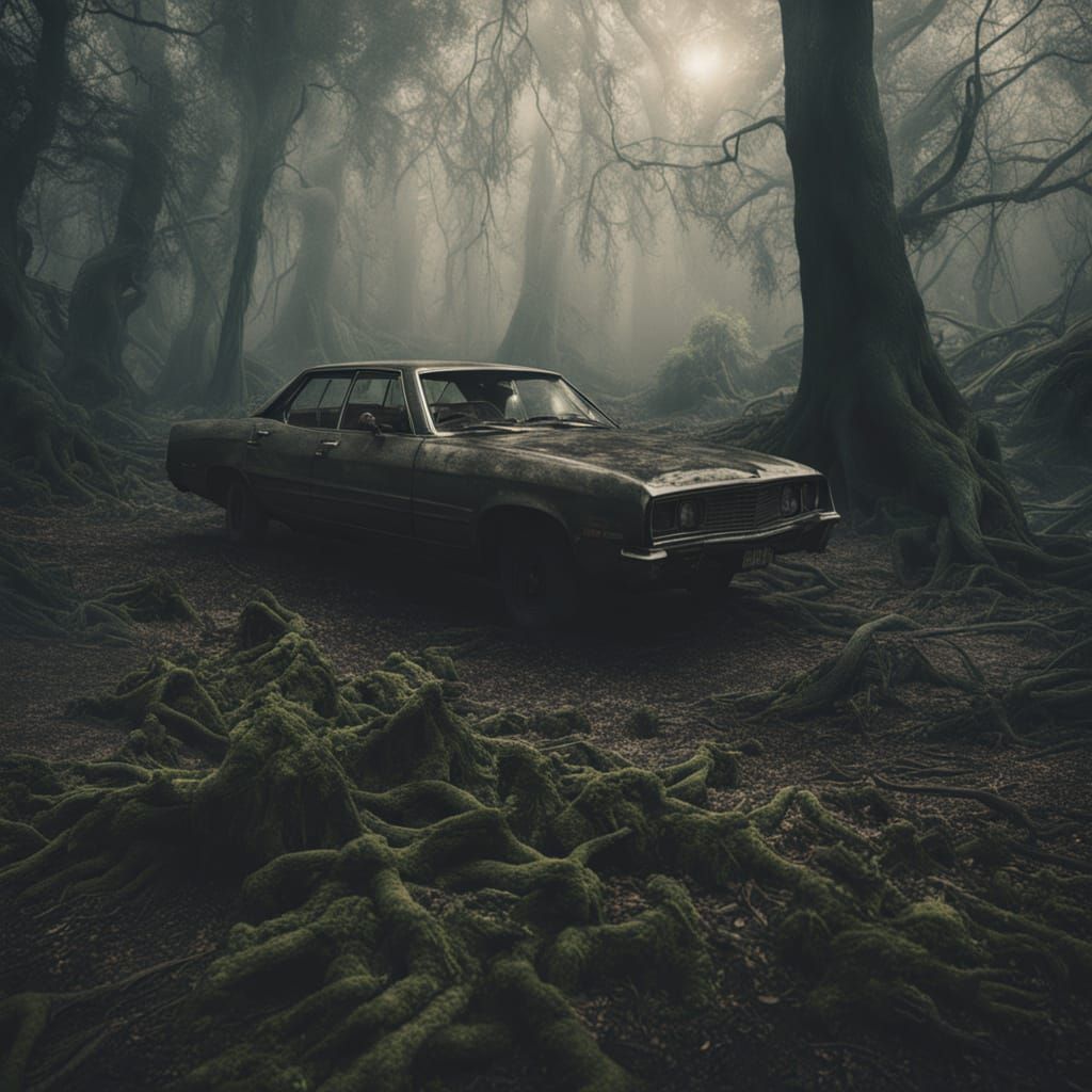 Eerie Overgrown Garden with Twisted Trees in Hyperrealism