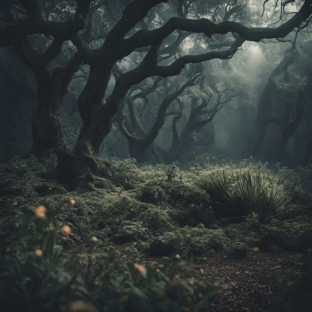 Eerie Overgrown Garden with Twisted Trees in Hyperrealism