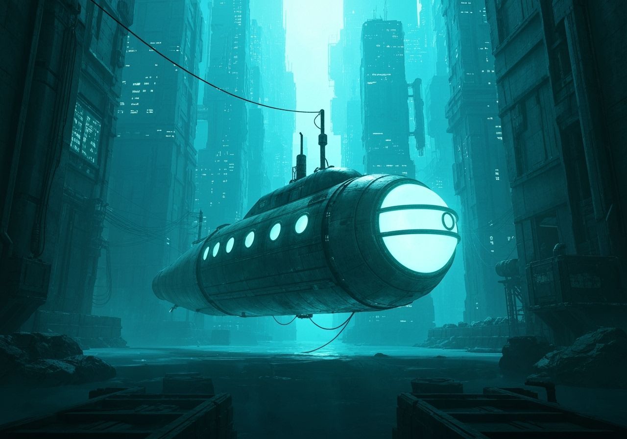 Futuristic Submarine in Cyberpunk Bioluminescent Metropolis