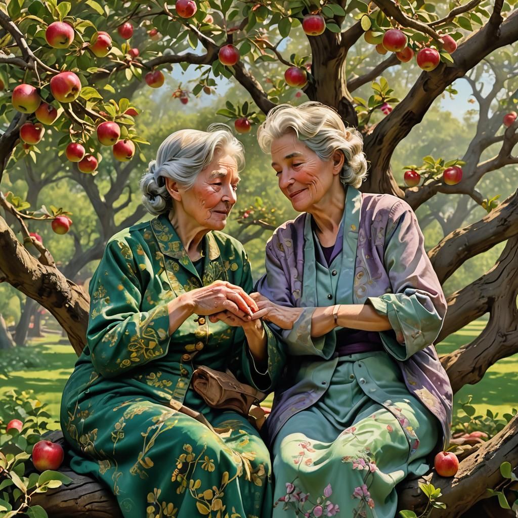 Elderly Ladies Share Gentle Moment Under Apple Tree