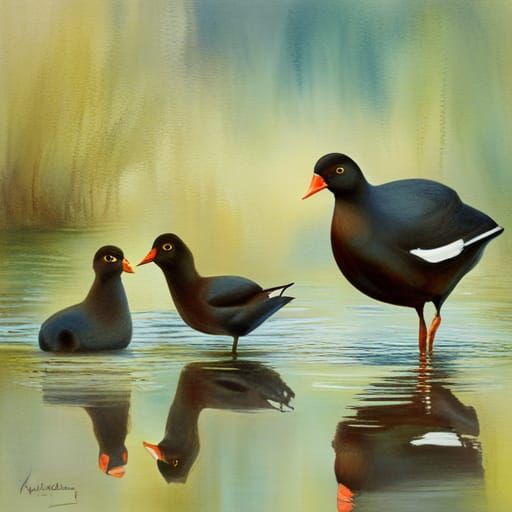 Moorhen Family in Natural Habitat