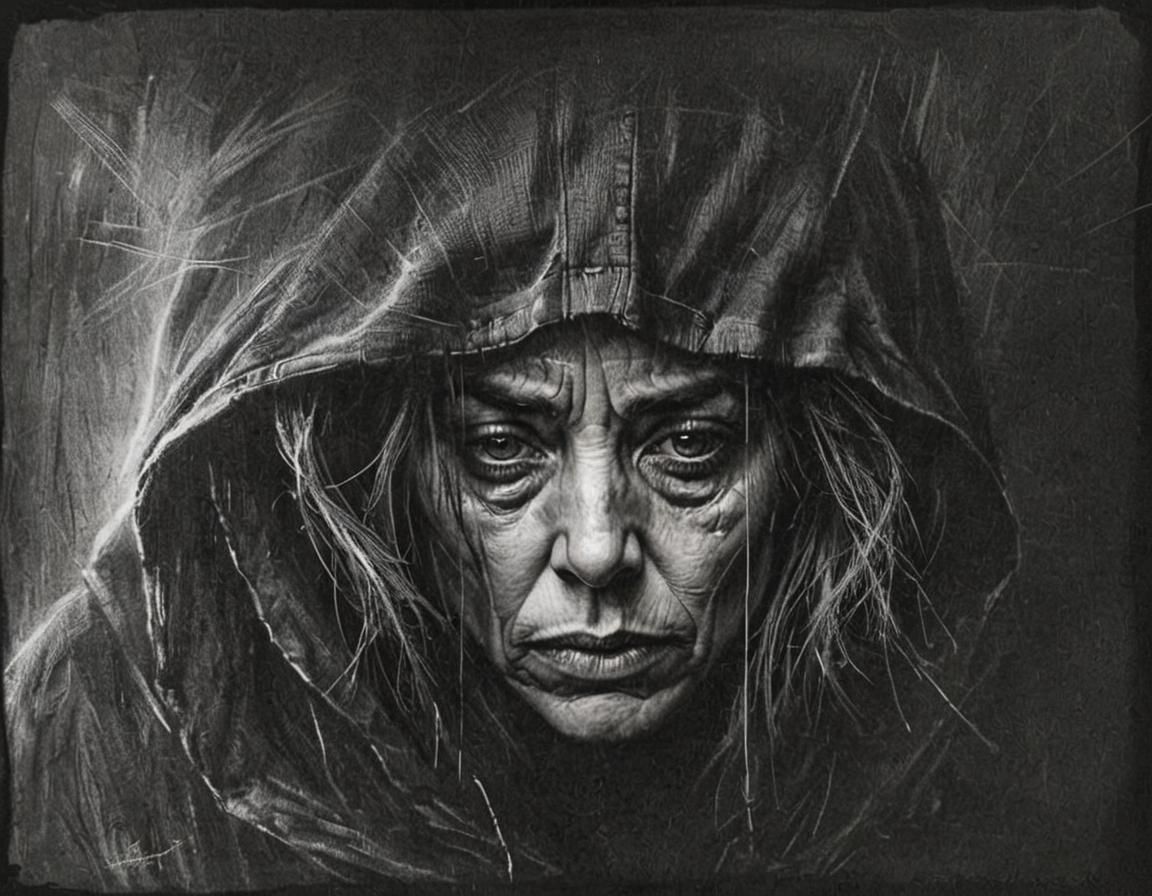 Dramatic Charcoal Portrait of Woman in Hood