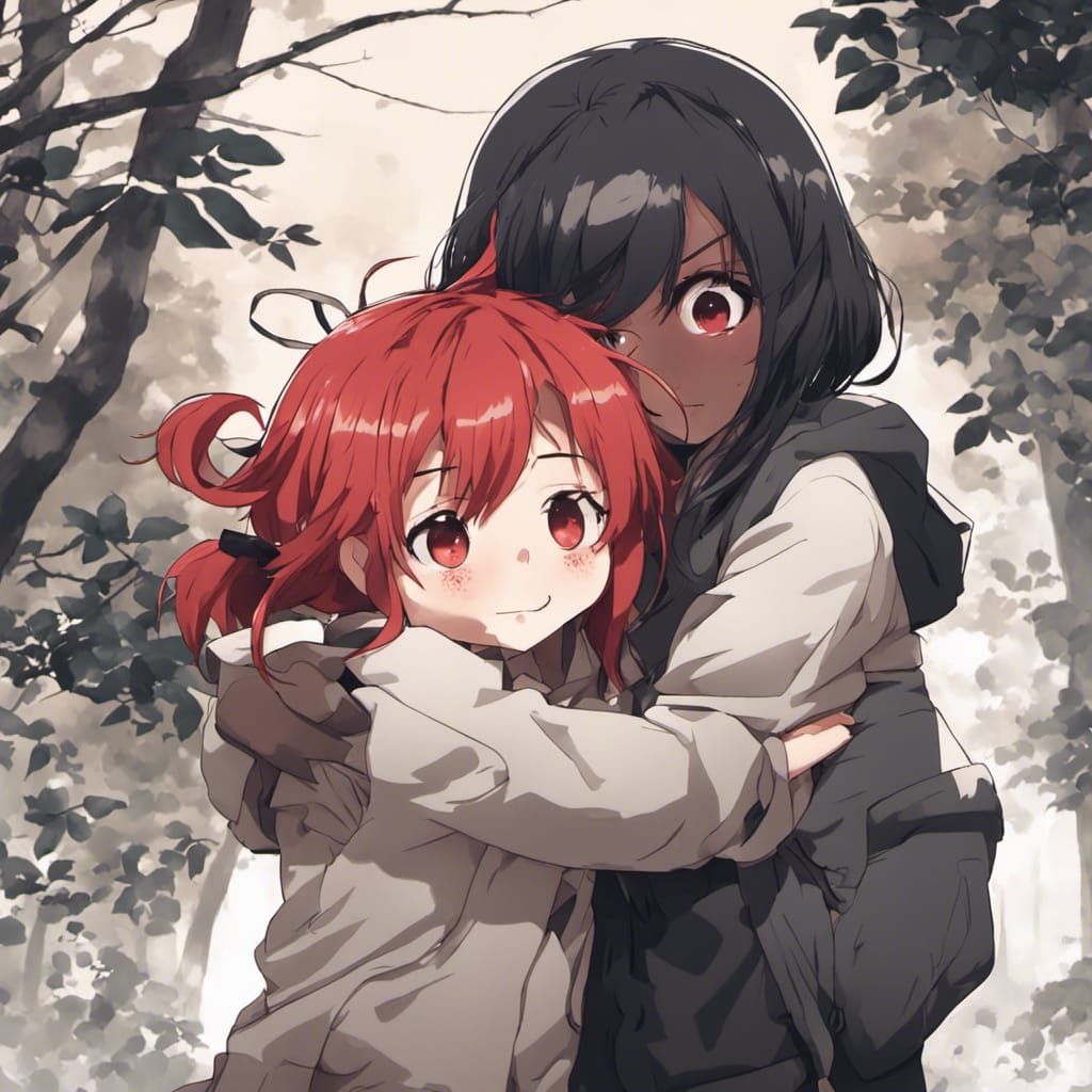 Chibi Girls Embrace in Anime Style