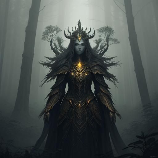 Harvester Queen in Mystical Forest, Digital Painting