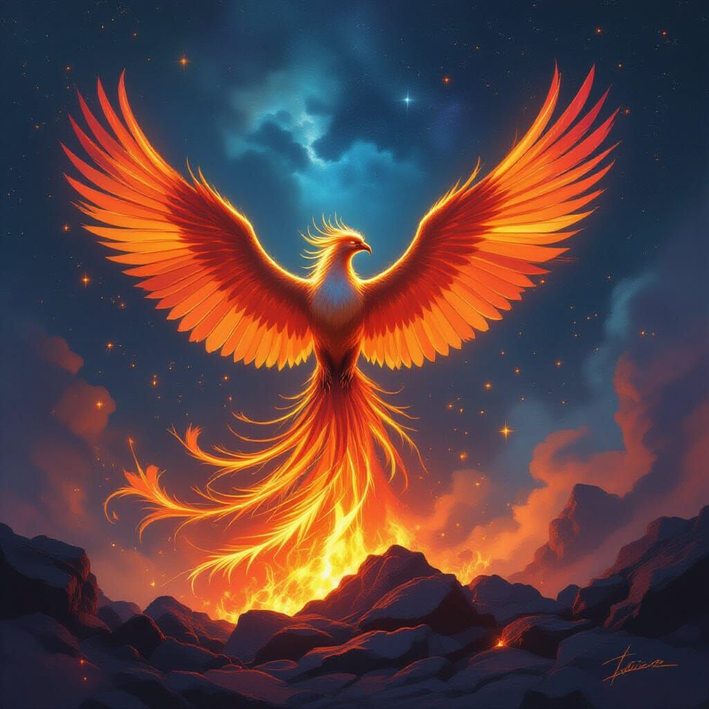 Majestic Phoenix Rises from Embers in Fantasy Art