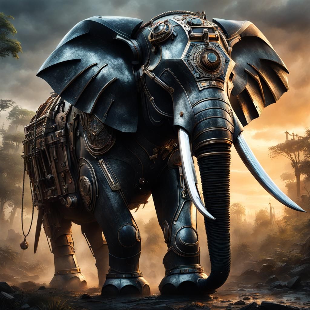 Metallic Elephant Mech in Battlefield Setting