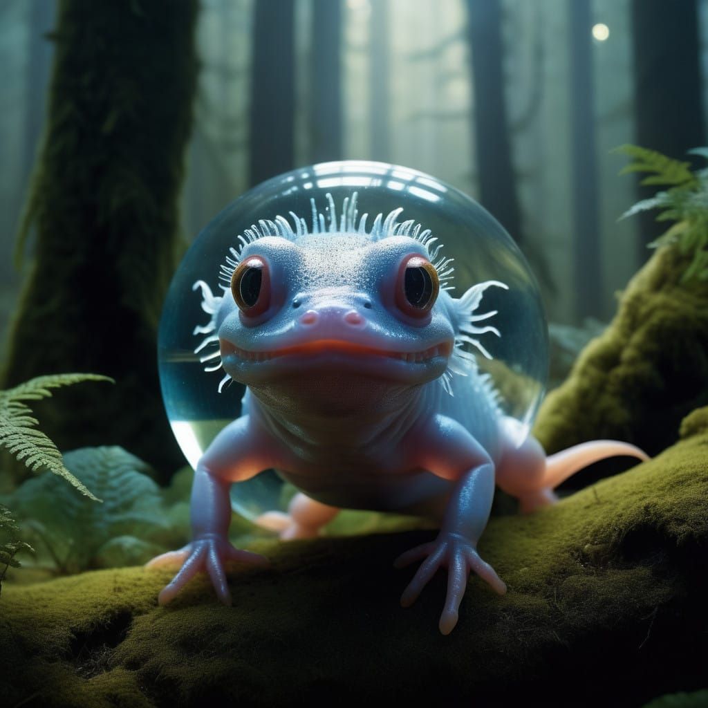 Mystical Axolotl in Crystal Orb, Redwood Forest