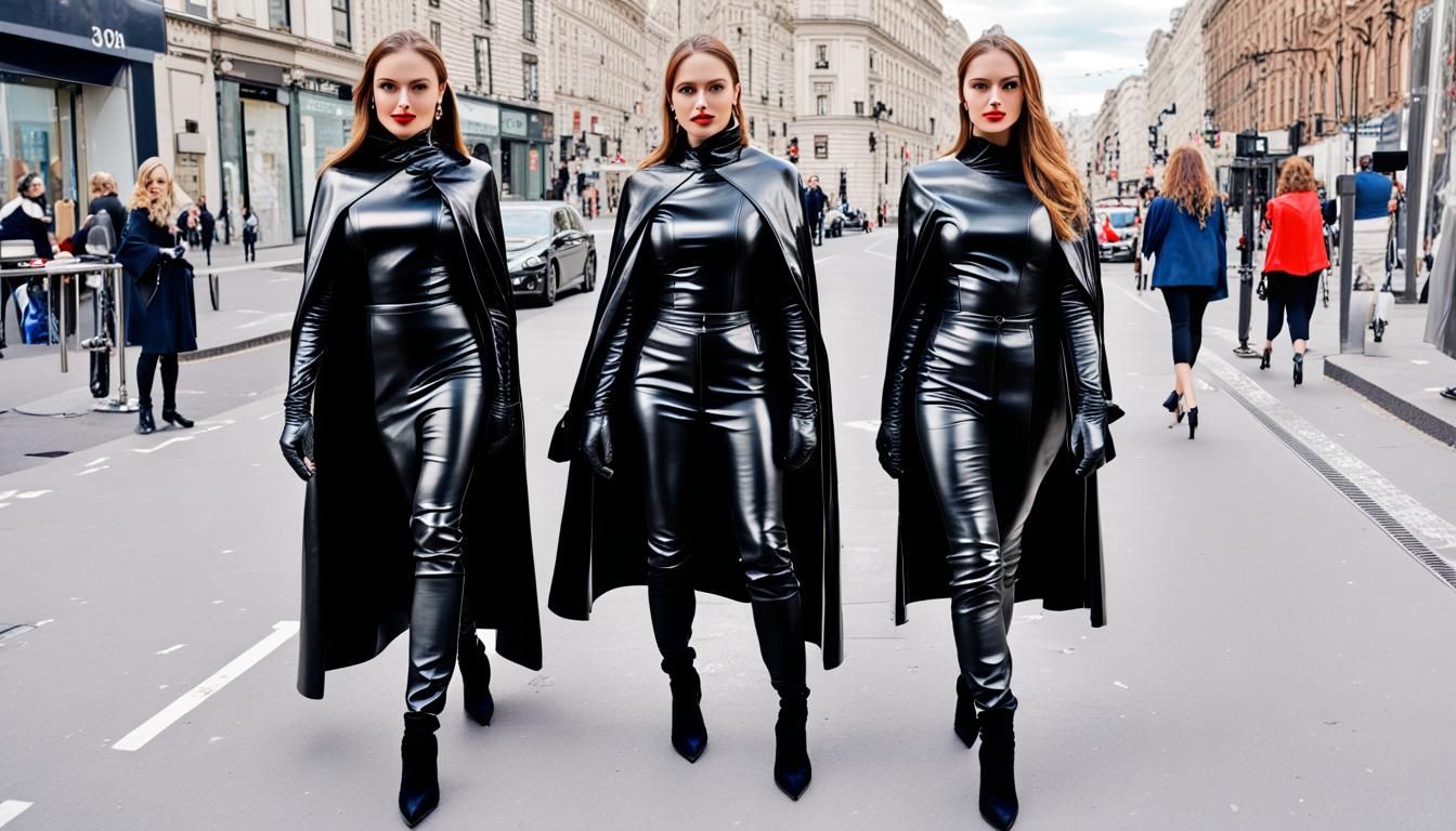 Girls in Shiny Leather Outfits on City Street
