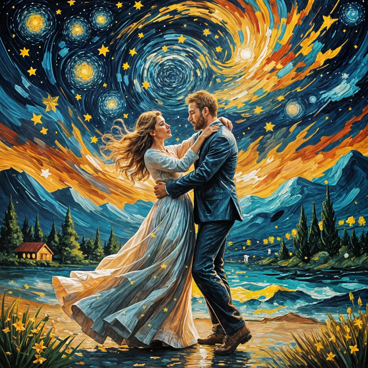 Romantic Couple Dancing Under Starry Night Sky