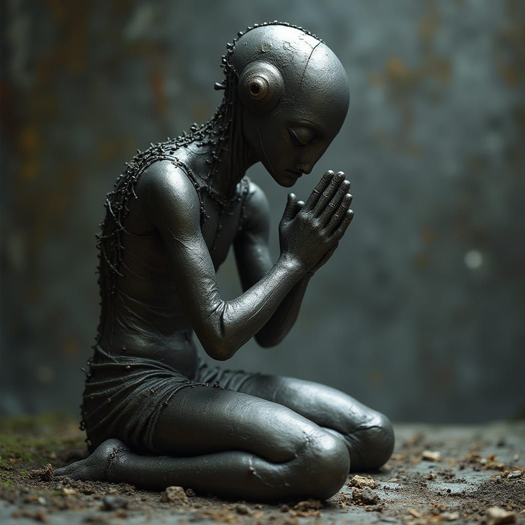 Metallic Clay Figure in Prayer, Biomechanical Style