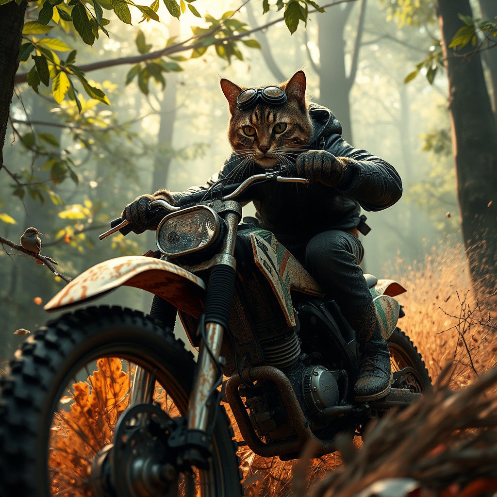 Humanoid Cat on Motorcycle Through Misty Forest