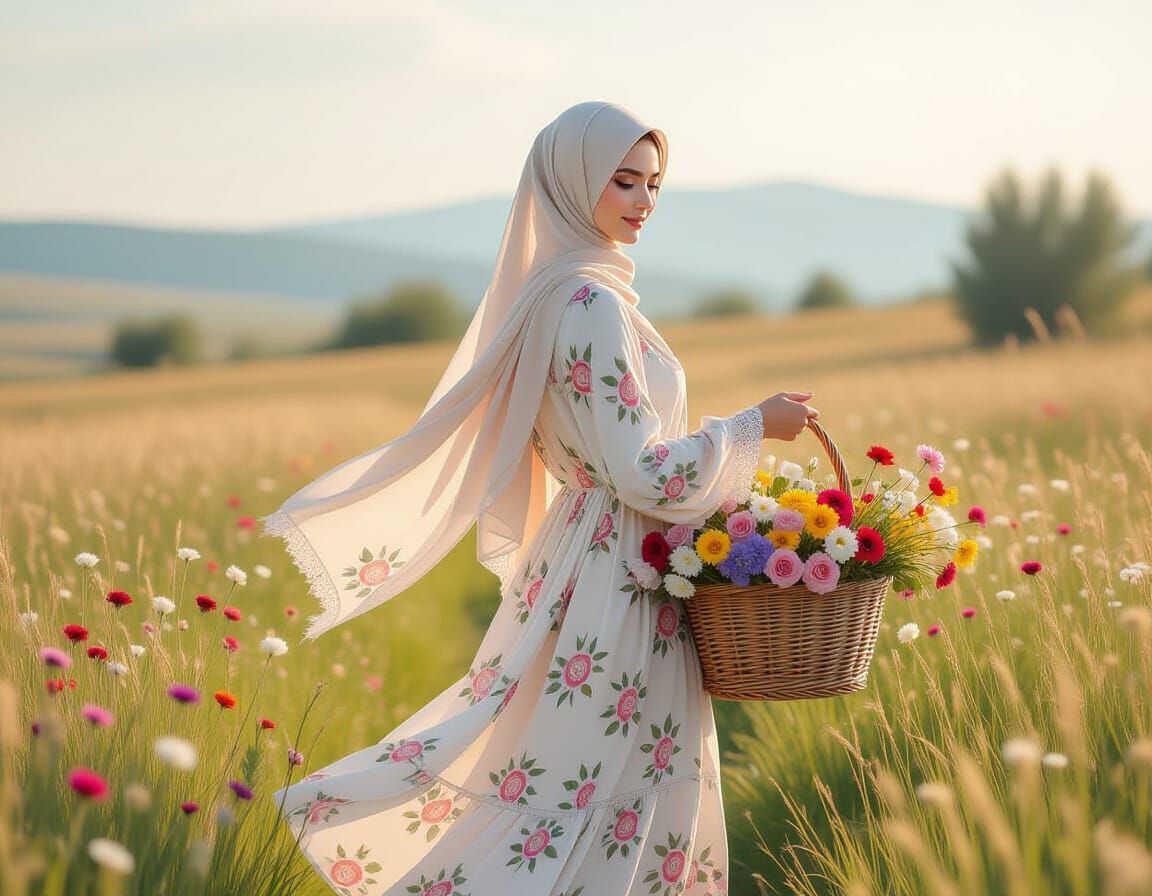 Woman in Summer Dress with Flowers in Serene Landscape