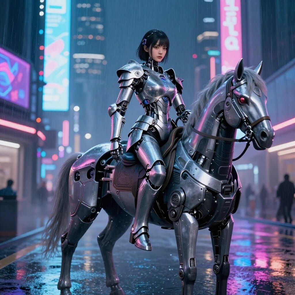 Cybernetic Warrior Woman on Robotic Horse