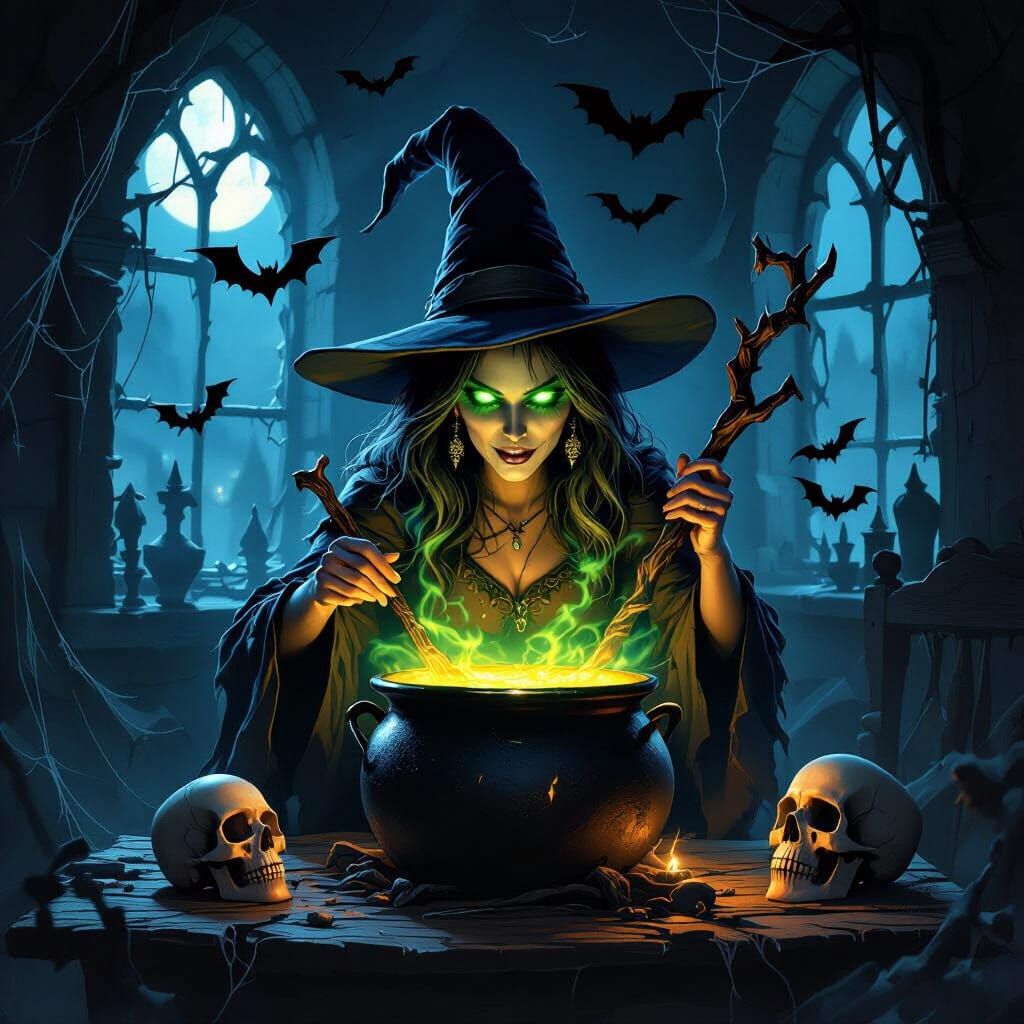 Mystical Witch in Haunted House at Midnight