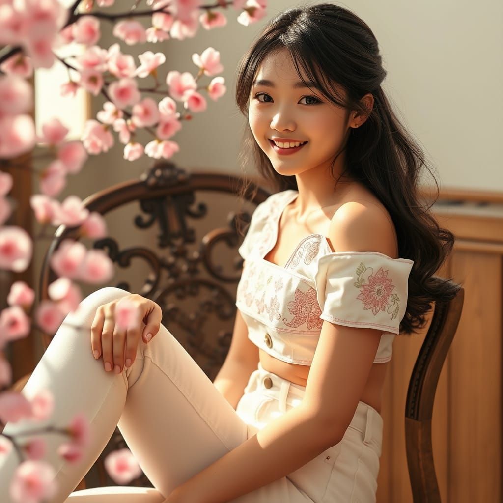Cute Japanese Woman in Floral Top, Soft Light