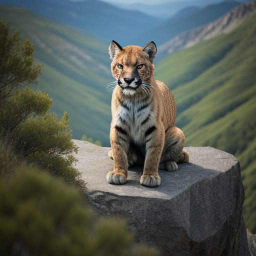 A majestic muscular big puma crouching on a ridge in the mountains, surveying the landscape below.