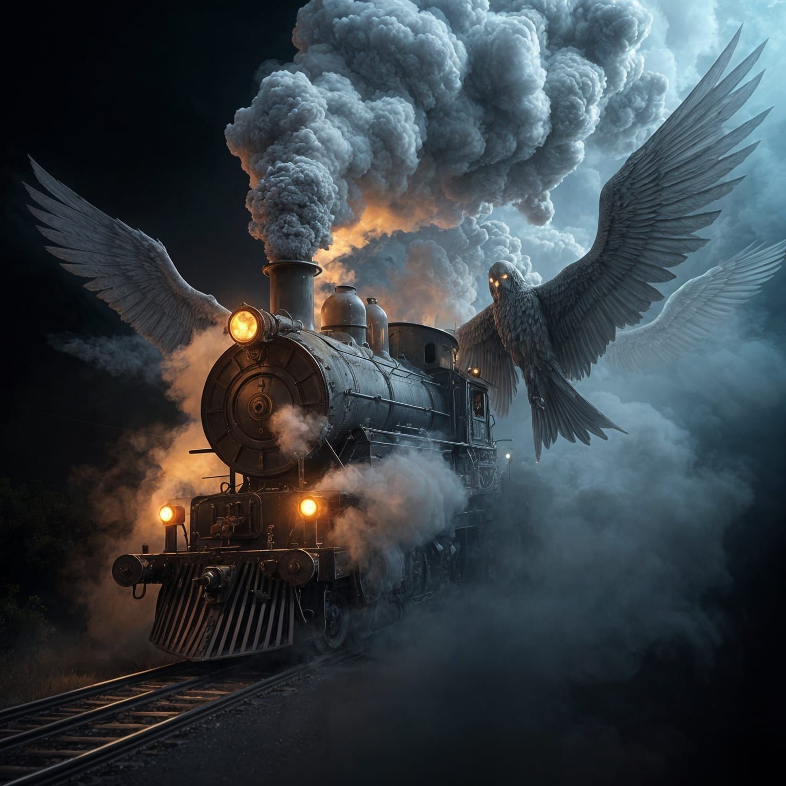 Ghostly Steam Train Surrounded by Angels of Death