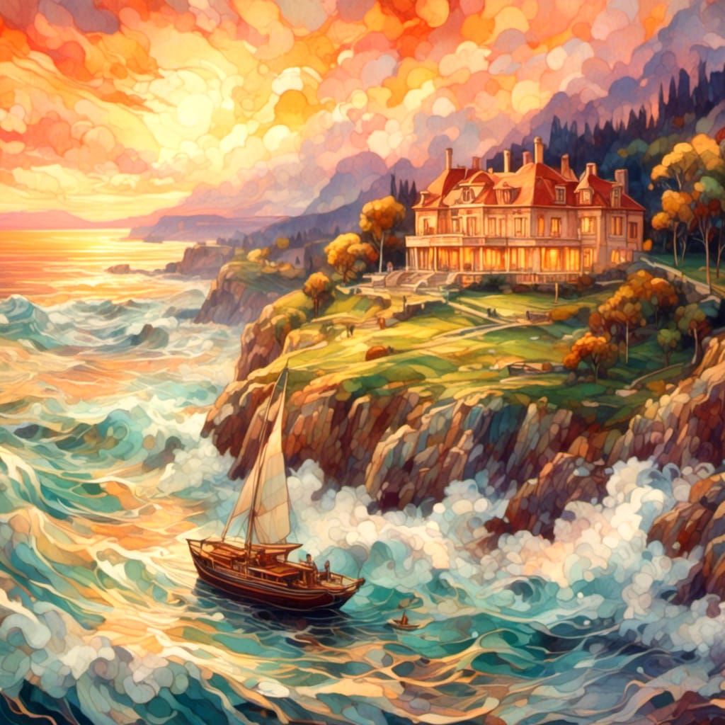 Golden Hour Ocean View in Watercolor Style