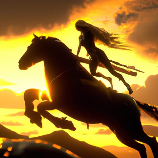 Woman Riding Golden Horse Silhouette in Dark Fantasy Style
