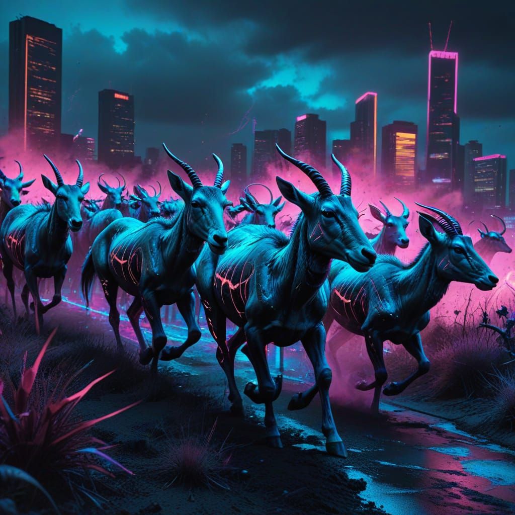 Antelopes Gallop on Grassy Plain Graffiti Art with Neon Ligh...