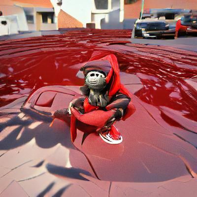 Hip-hop mad monkey sitting on hood a red car