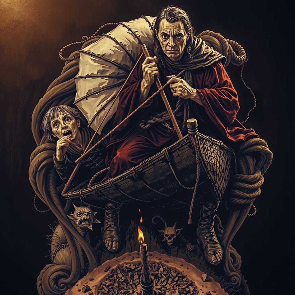 Wretched Man Pursues Witch in Ditch: Etching Style