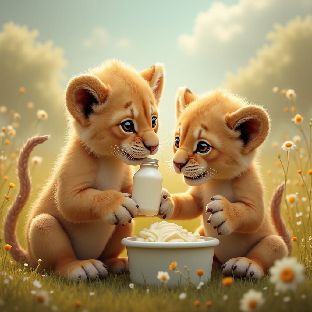 Lion Cubs Enjoy Creamy Treats in Whimsical Meadow