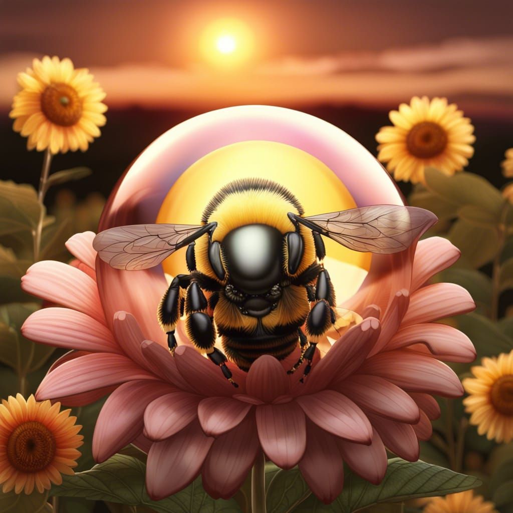 Albino Bee in Sphere over Sunflower, Ethereal Art