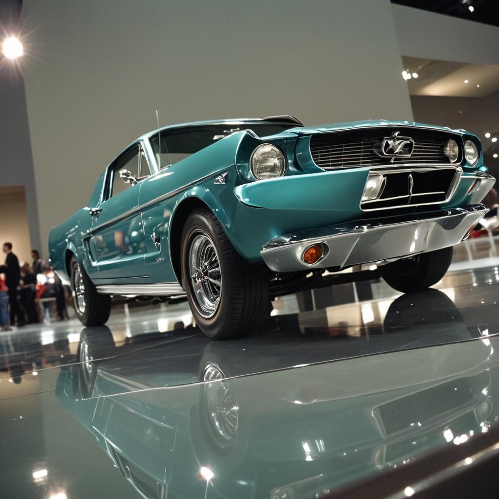 1964 Mustang teal/silver on display in a museum