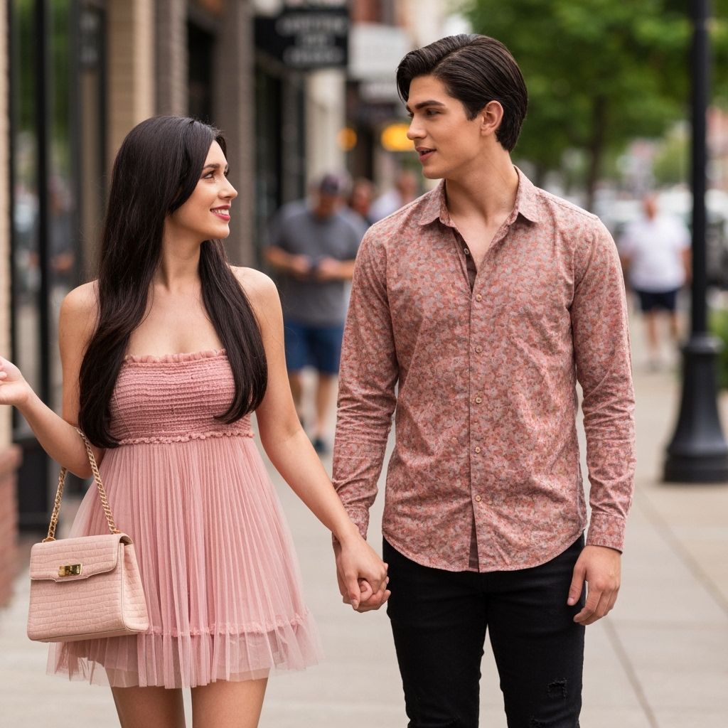 Handsome Young Man and Woman in Summer Dresses on Sidewalk