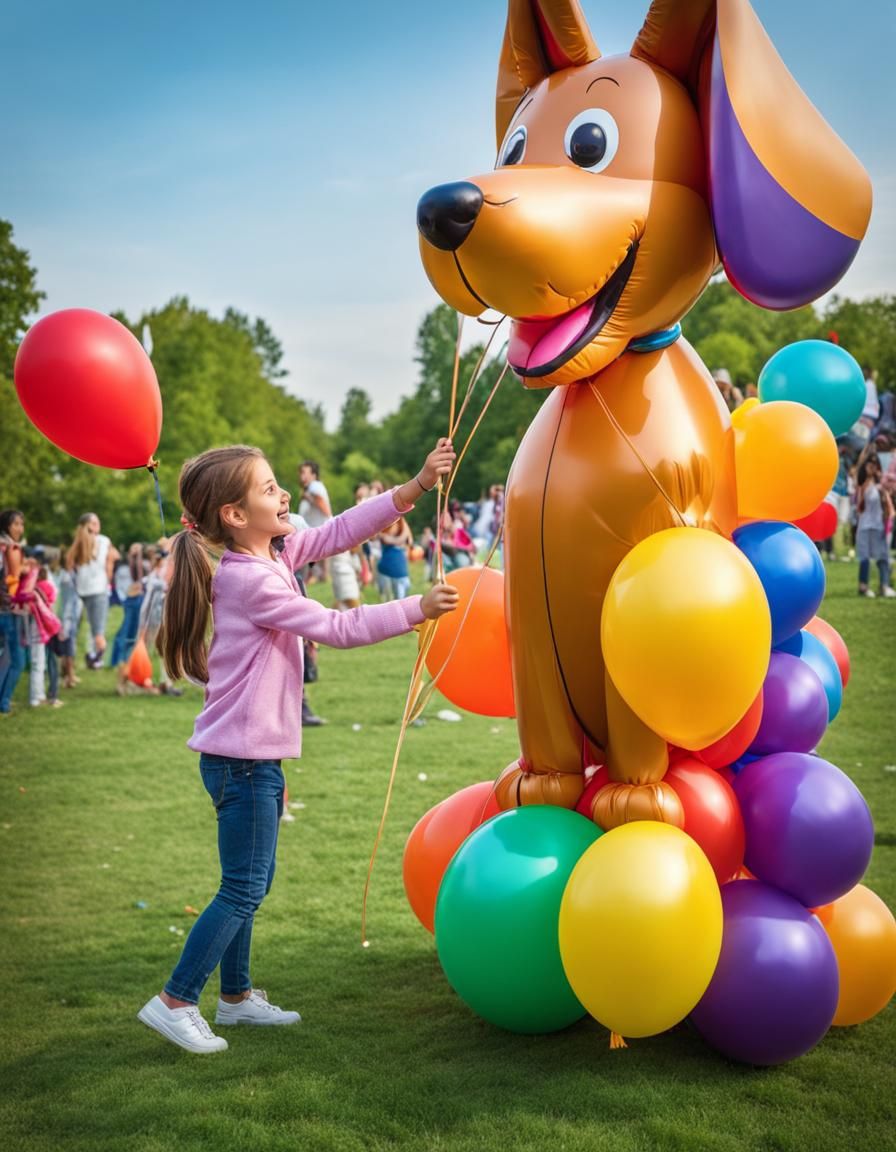 Girl Sculpting Balloon Dog in Park, Photorealistic