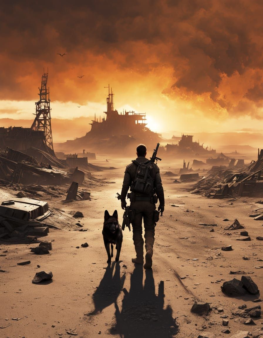 Post-Apocalyptic Survivor With Dog in Ruined Landscape
