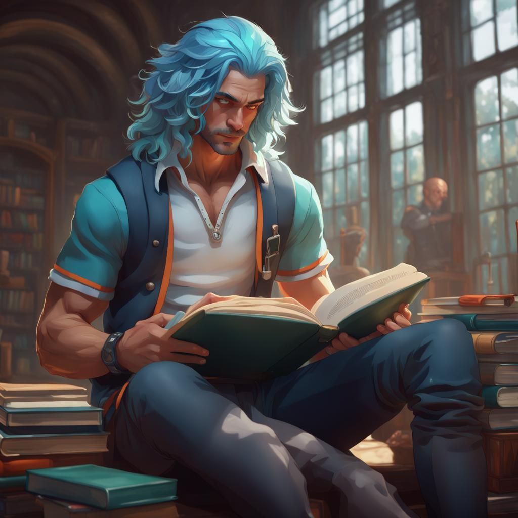 Blue-Haired Student Reading: Hyperdetailed Concept Art