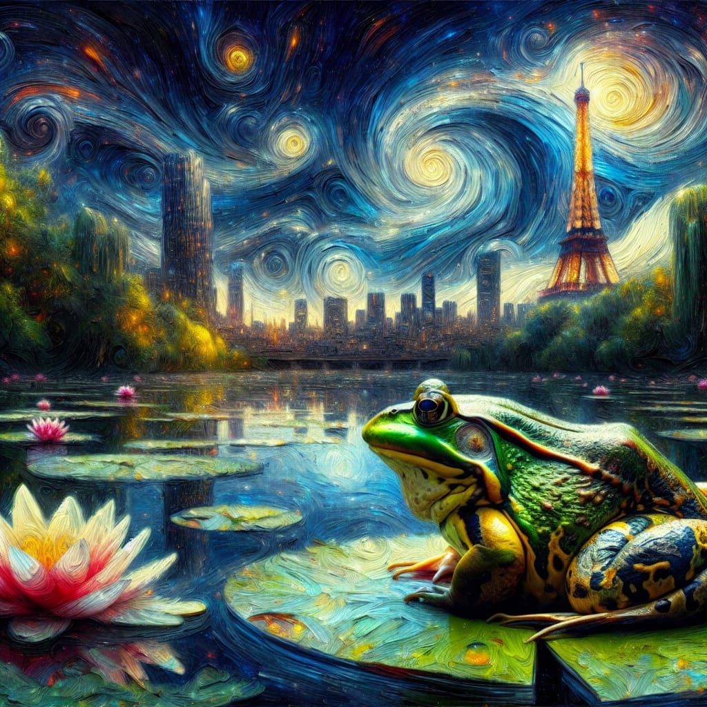 Bullfrog Gazing at Starry Paris Skyline, Oil Painting