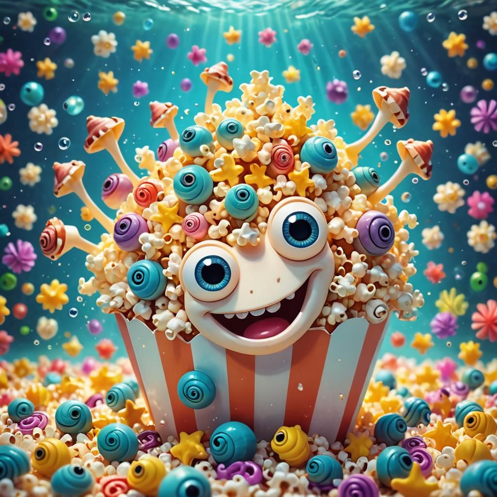 Playful Underwater Cartoon Popcorn with Snail Eyes