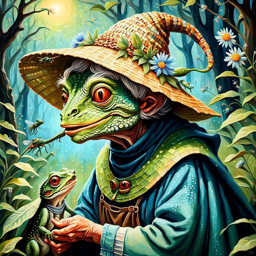 Lizard Alien Grandmother Teaches Grandchild, Impasto Oil Pai...